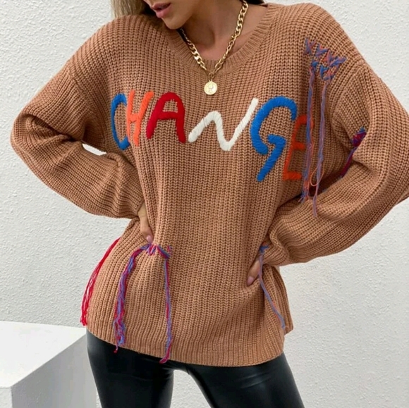 Letter Embroidery Fringe Patched Drop Shoulder Sweater - Picture 5 of 8